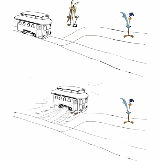 Picture of the trolley problem with the Road Runner on the track and Wile E. Coyote at the lever. The trolley jumps of the track and hits Wile E. Coyote for no apparent reason