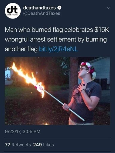 Man who burned flag celebrates $15K wrongful arrest settlement by burning another flag