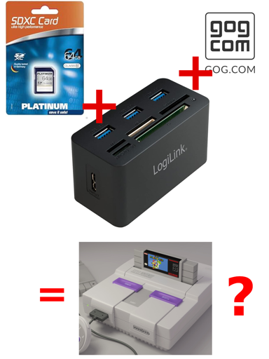 Sloppily arranged pictures of an SD-card, a table-top SD-card reader and the GOG-logo. Below an equal sign and a questionmark next to a picture of an SNES-console.