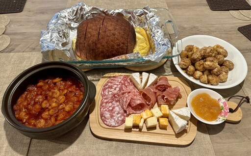 Christmas Dinner - Honey Ham, Meat & Cheese Board, Gambas, Garlic Parmesan Potatoes