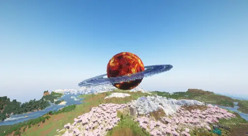 A screenshot of a nondescript planet made of various shades of reds and yellows. There are several rings going around it at an angle. The rings are made of several shades of blue stained glass. There are cherry hills and fields in the background