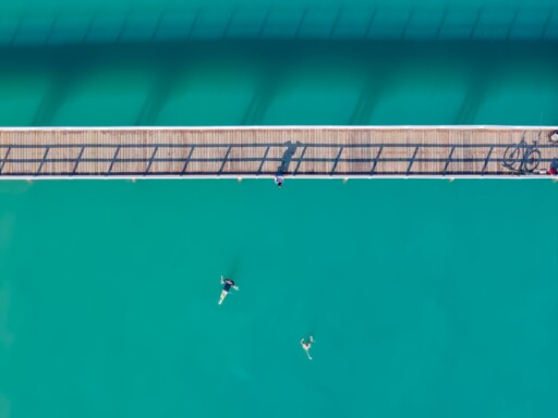 A top down shot of a narrow wooden pier, sitting in aqua blue water.  Two kids are visible swimming in the water looking up at the pier, where a 3rd kid hangs off the outside of the rails, trying to build the courage to jump