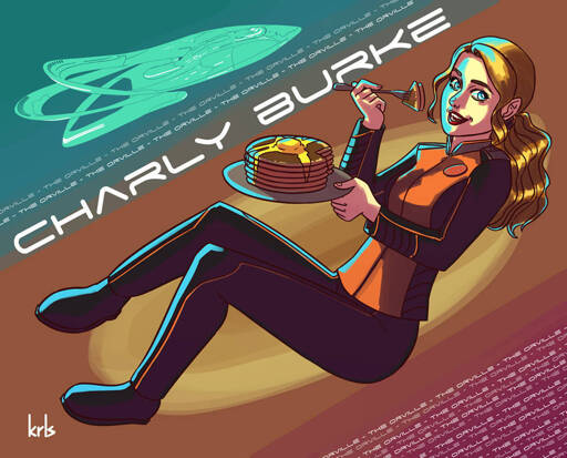 Artwork of Charly Burke eating pancakes.