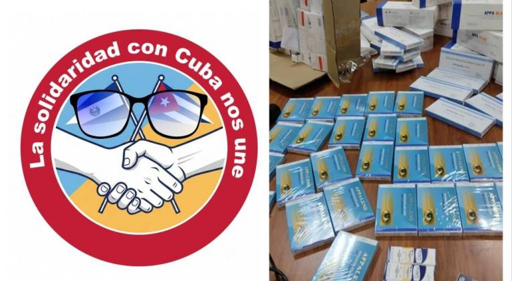 2 images
left - logo that shows 2  hands in a handshake, a pair of glasses, and the flags of Cuba and El Salvador criss-crossed.  With the words: "La solidaridad con Cuba nos  une".  (Solidarity with Cuba unites us)