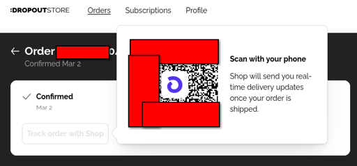Image of an order confirmation page online. The store uses Shop dot com, who wants me to download their app to track my package.
