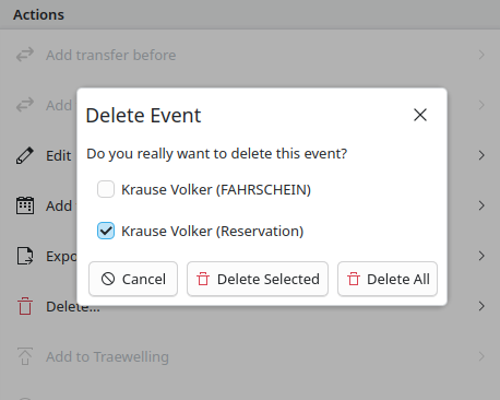 Delete event dialog in itinerary 