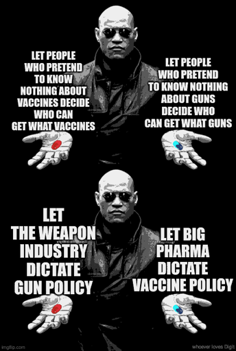 Morpheus from the Matrix offering a red pill or a blue pill, twice across two panels Image text in post.