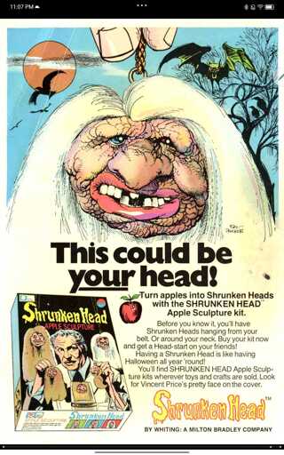 A 70s era comic book ad prominently titled "This could be YOUR head!" It is for a shrunken-apple-head making endorsed by Vincent Price(!) and features a Mort Drucker illustration of a head with abominable teeth, beady eyes, and long white hair.
