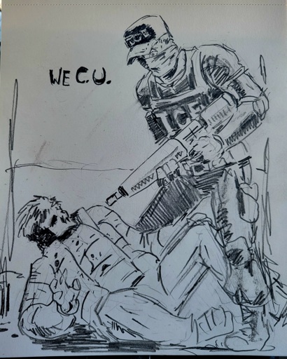 drawing of an ICE agent pointing a weapon at a protester on the ground