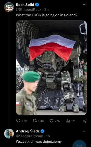 a post with a caption: "What the FUCK is going on in Poland?" and a picture displaying a military mech covered in a Polish flag standing in front of an transport aircraft ramp, Polish soldiers standing around it. 

respons to the post in Polish: "Wszystkich was dojedziemy"